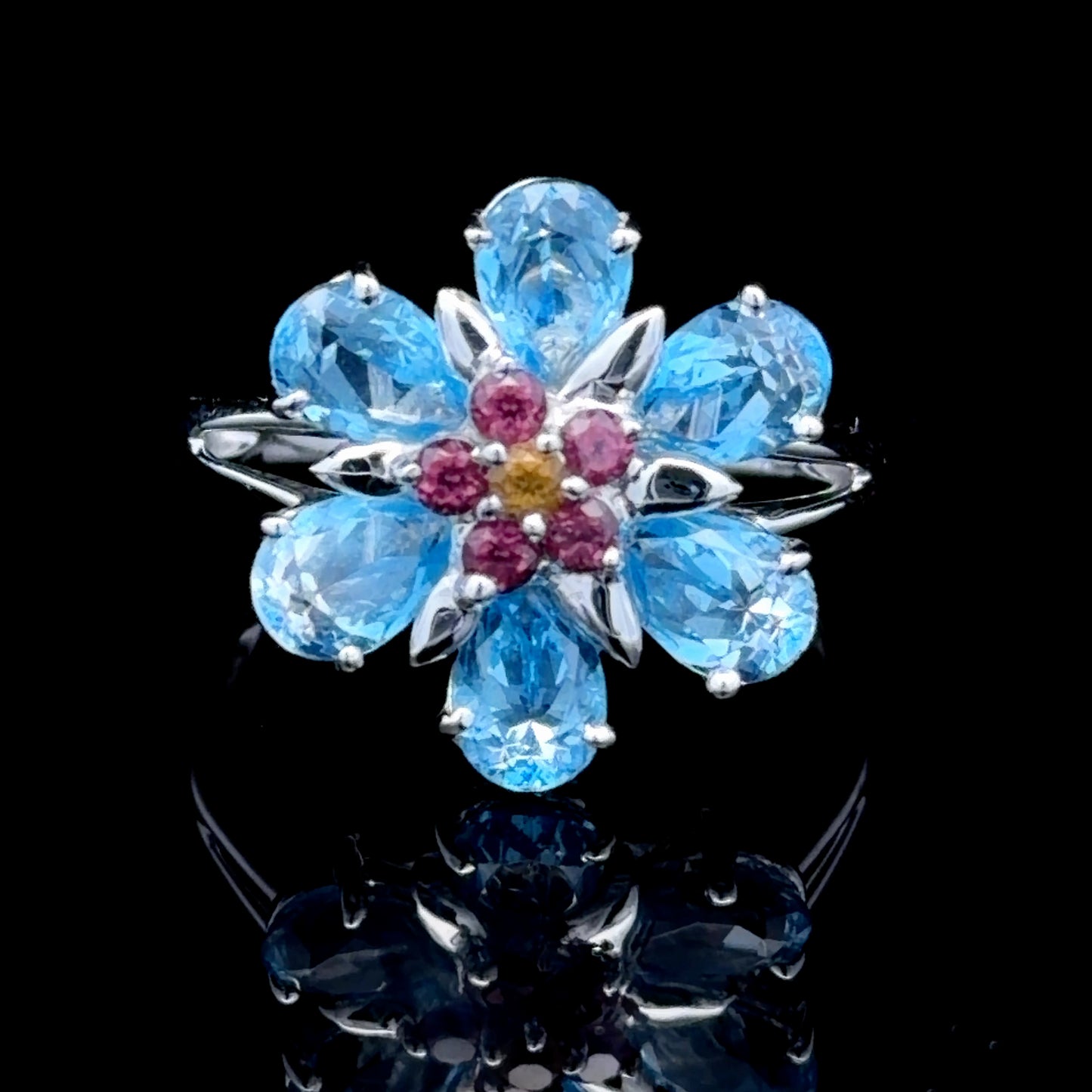 18K White Gold Aquamarine & Ruby Flower Ring