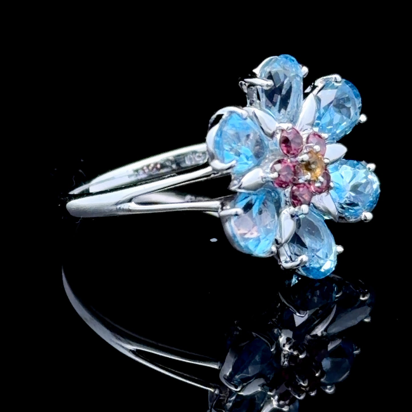 18K White Gold Aquamarine & Ruby Flower Ring