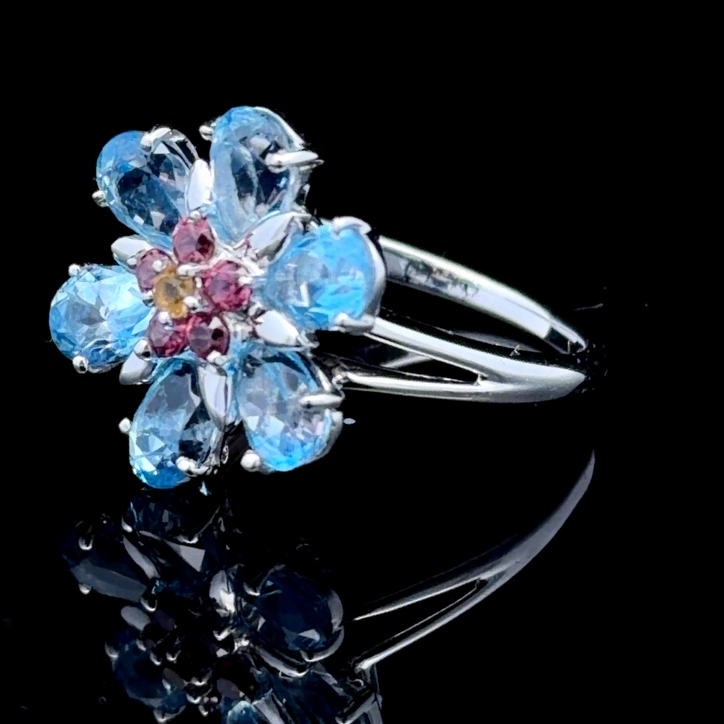 18K White Gold Aquamarine & Ruby Flower Ring