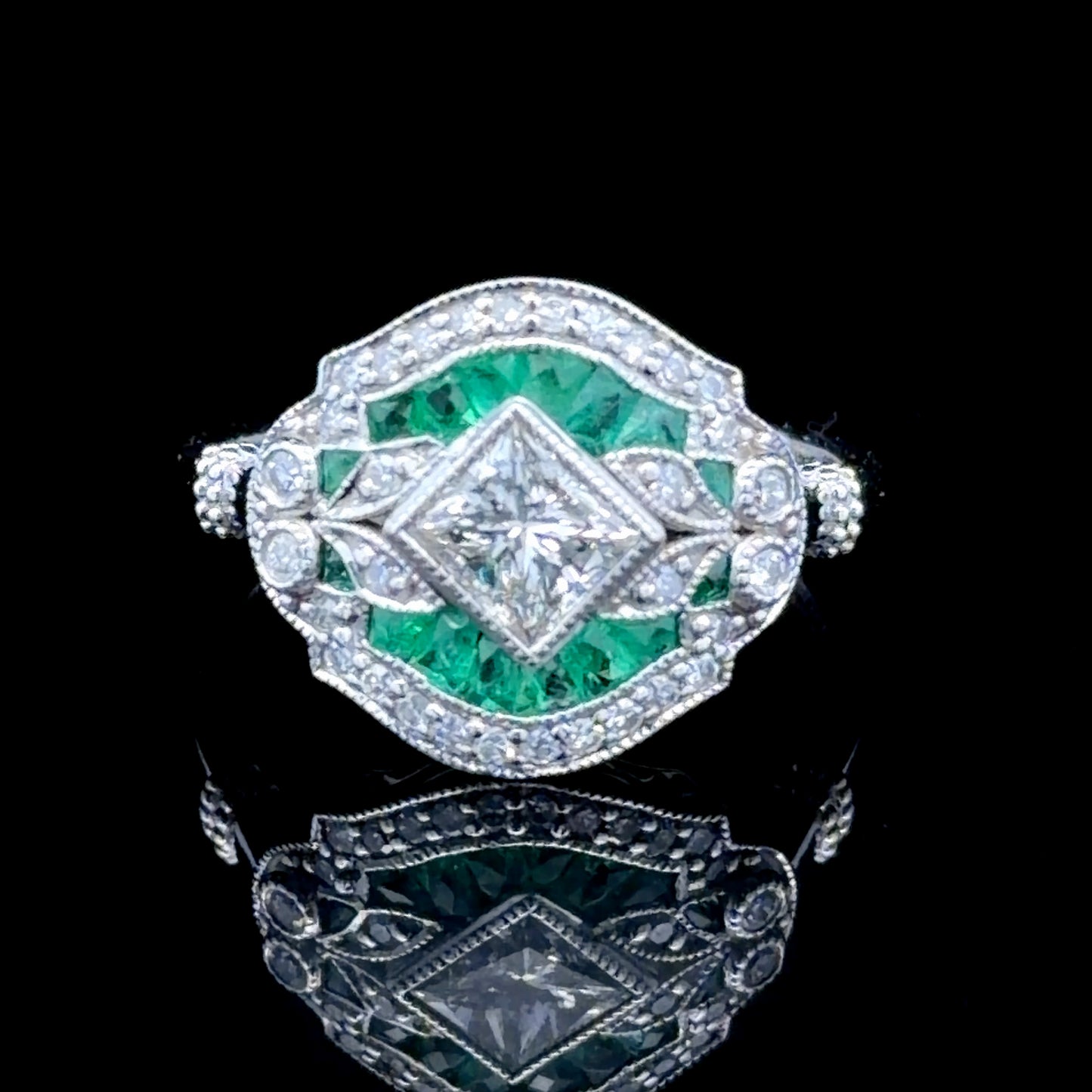 Platinum Deco Style Emerald & Diamond Ring APPX 0.5 CTS CENTRE