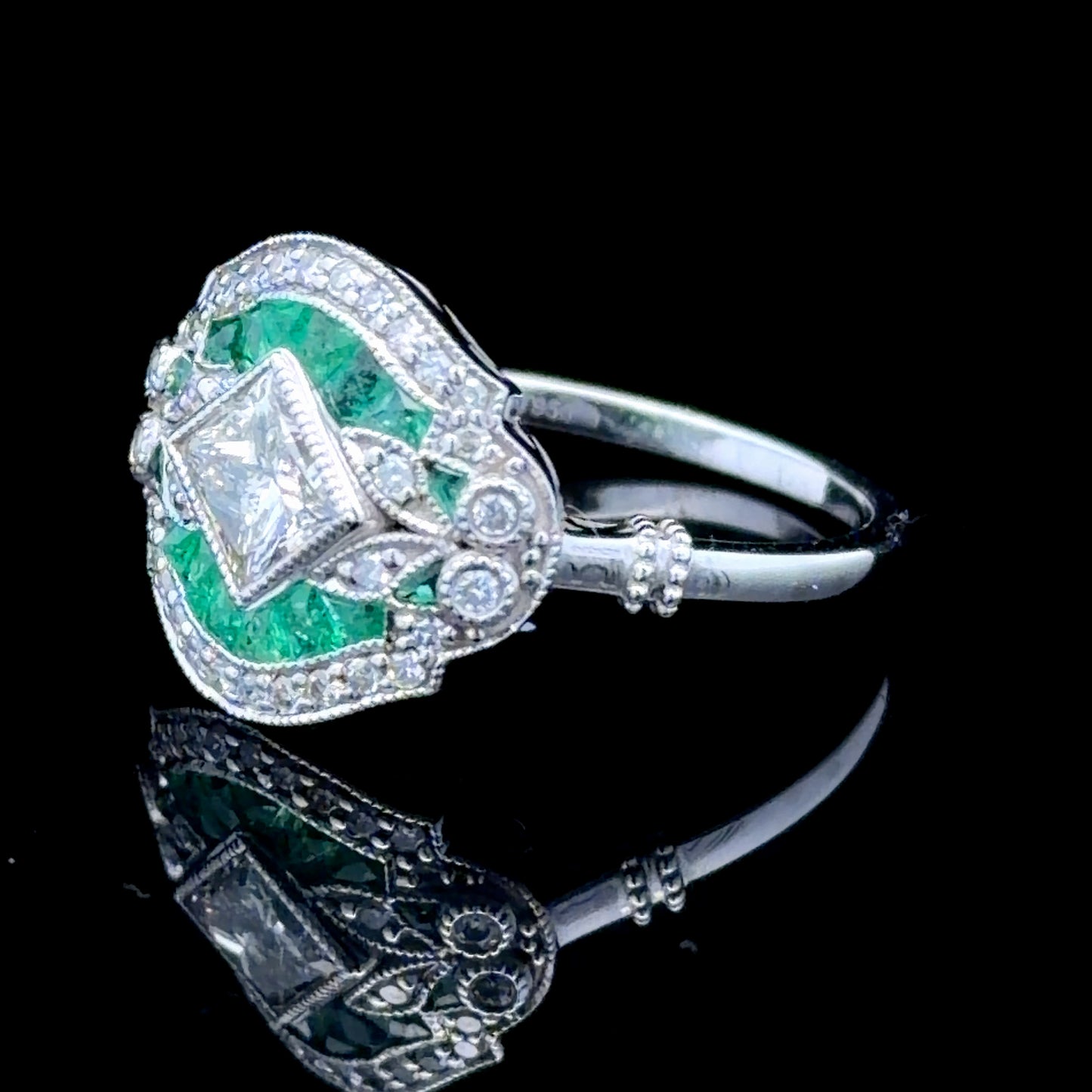 Platinum Deco Style Emerald & Diamond Ring APPX 0.5 CTS CENTRE