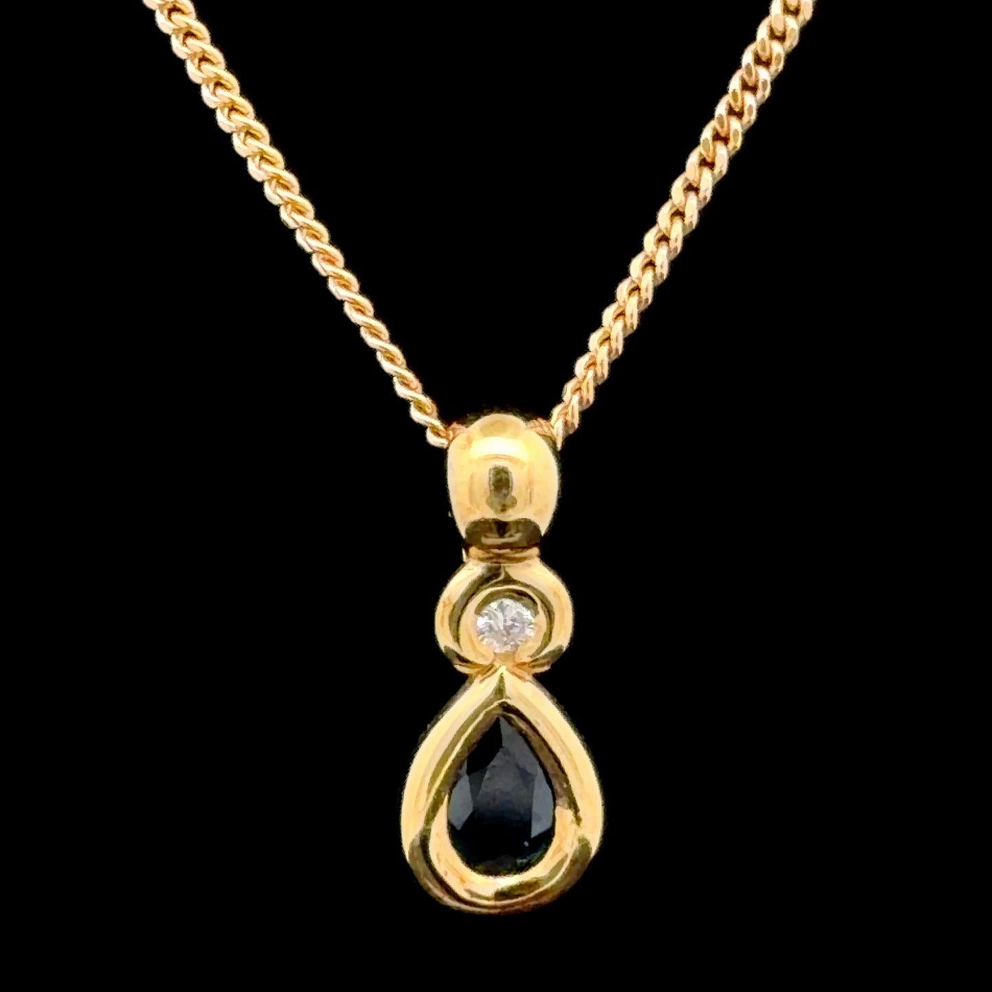9K Yellow Gold Diamond & Sapphire Drop Pendant & Chain