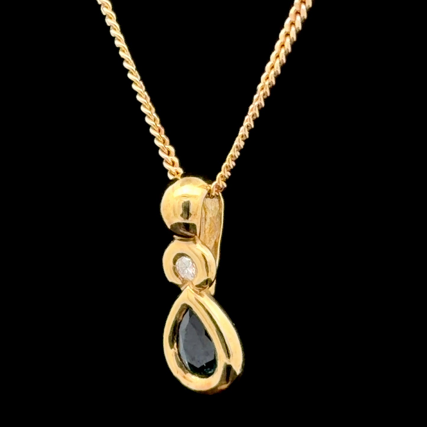 9K Yellow Gold Diamond & Sapphire Drop Pendant & Chain