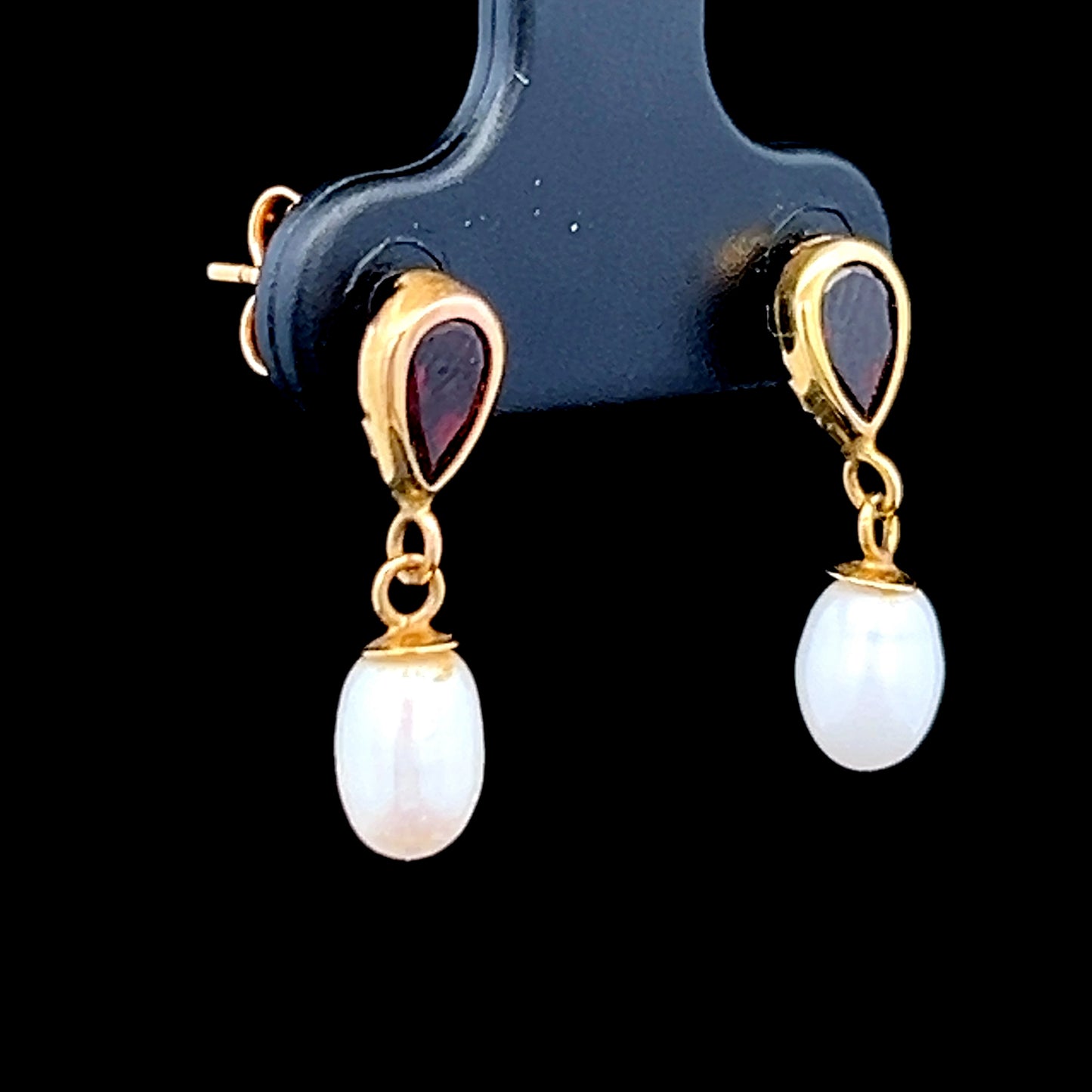 9K Yellow Gold Pearl & Garnet Drop Studs