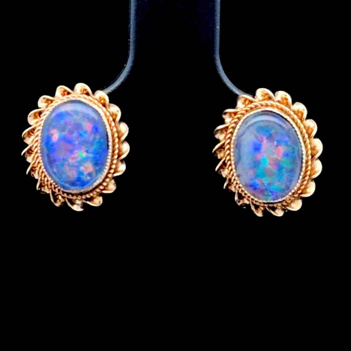 14K Yellow Gold Black Opal Oval Studs