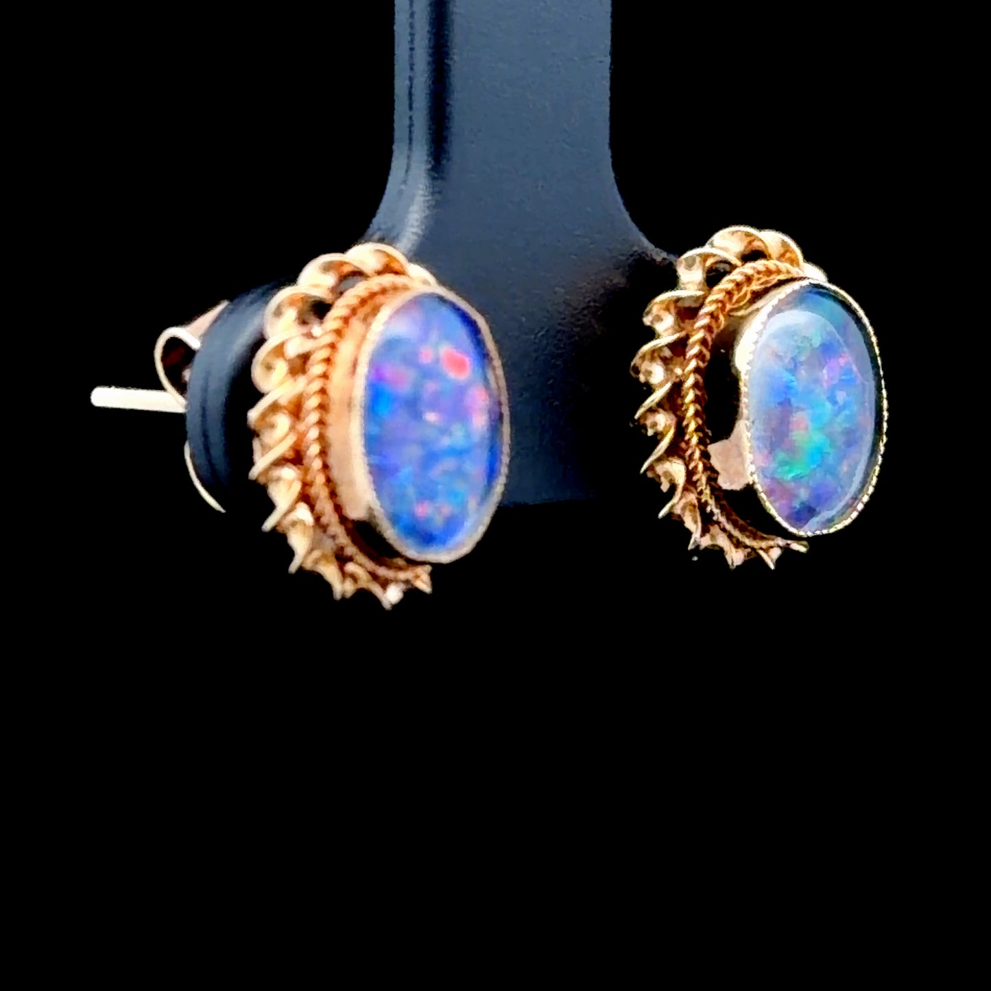 14K Yellow Gold Black Opal Oval Studs