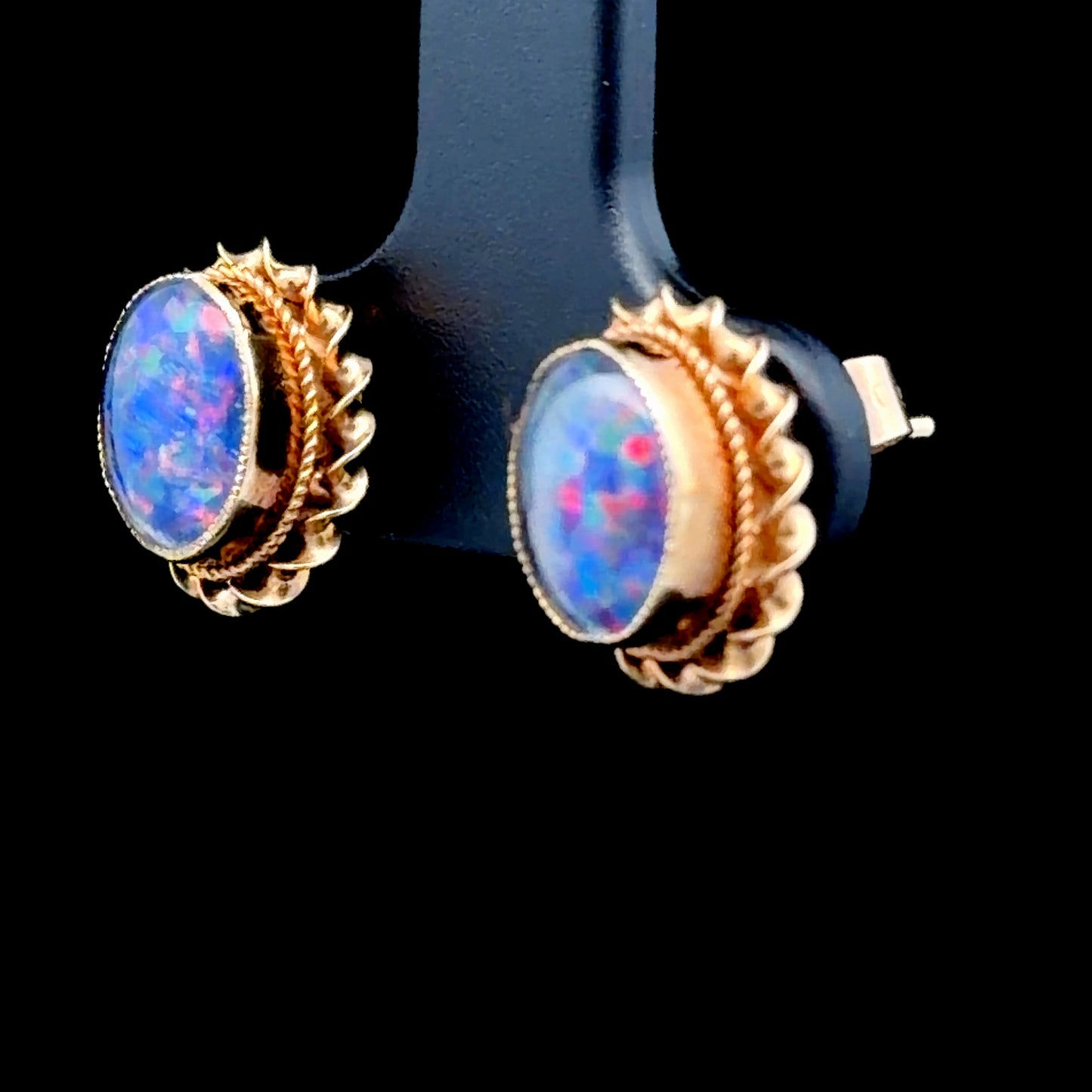 14K Yellow Gold Black Opal Oval Studs
