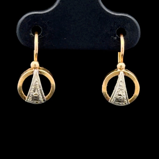 9K Yellow Gold Deco Style Circular Earrings With White Gold Triangular Centre