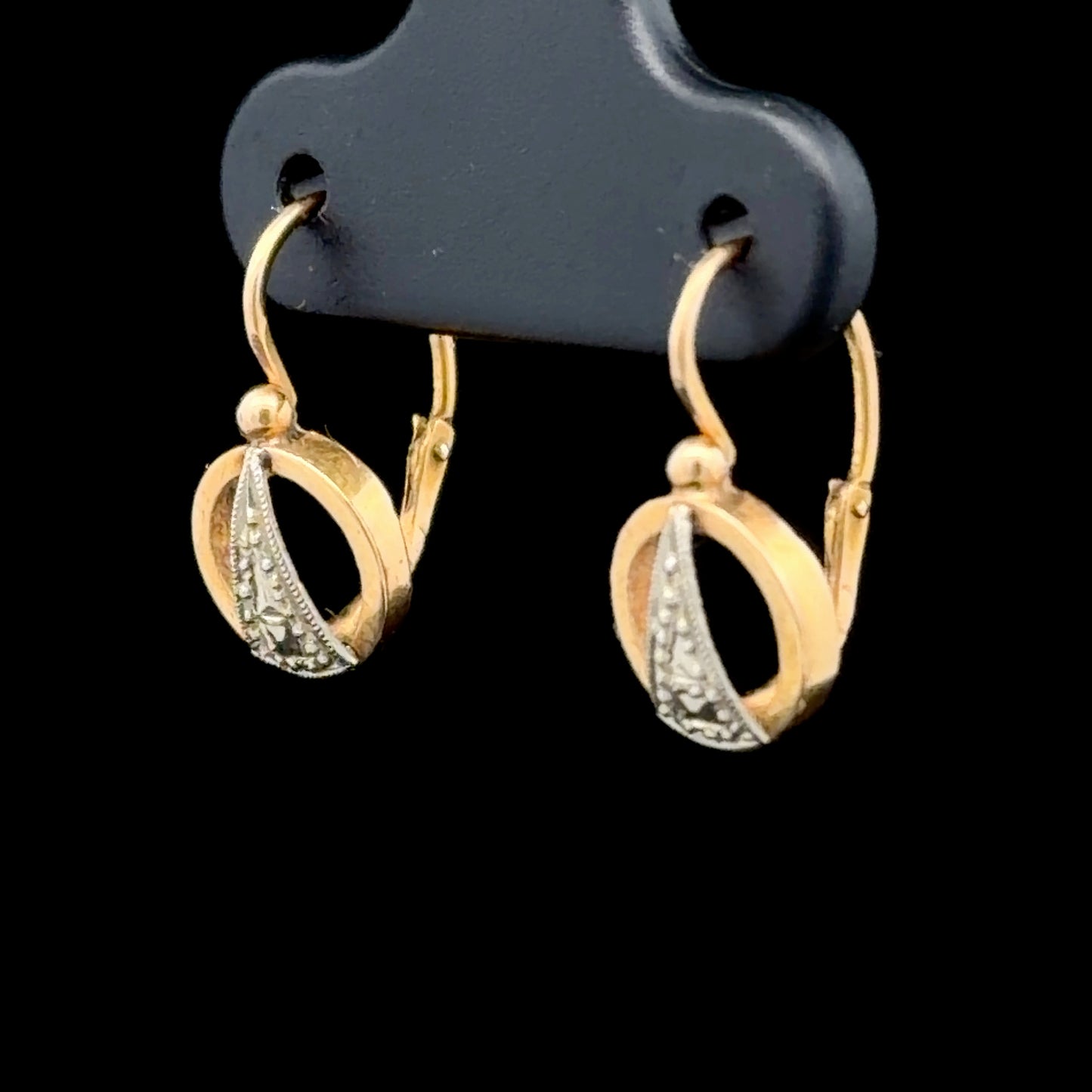 9K Yellow Gold Deco Style Circular Earrings With White Gold Triangular Centre