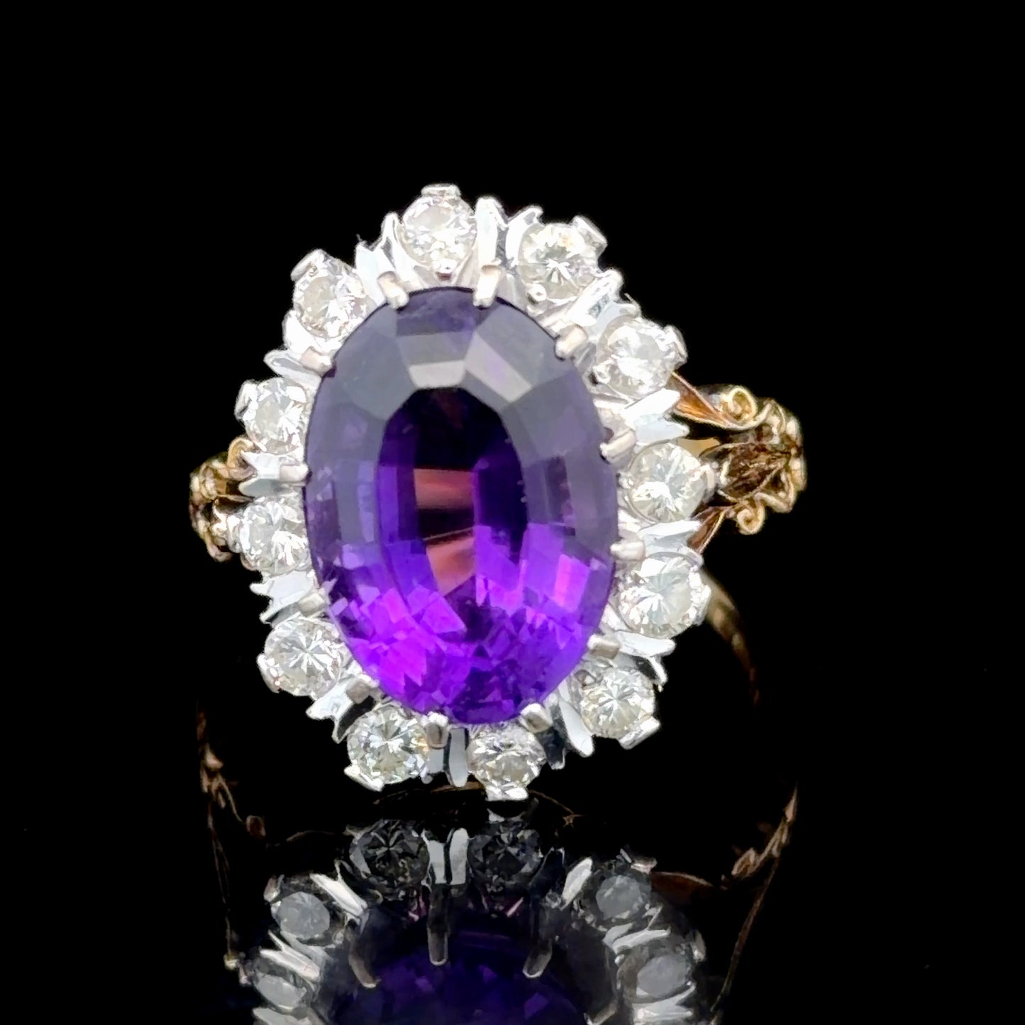 18K Yellow Gold Amethyst & Diamond Cluster Ring APPX D: 1.2 CTS A: 5.0 CTS