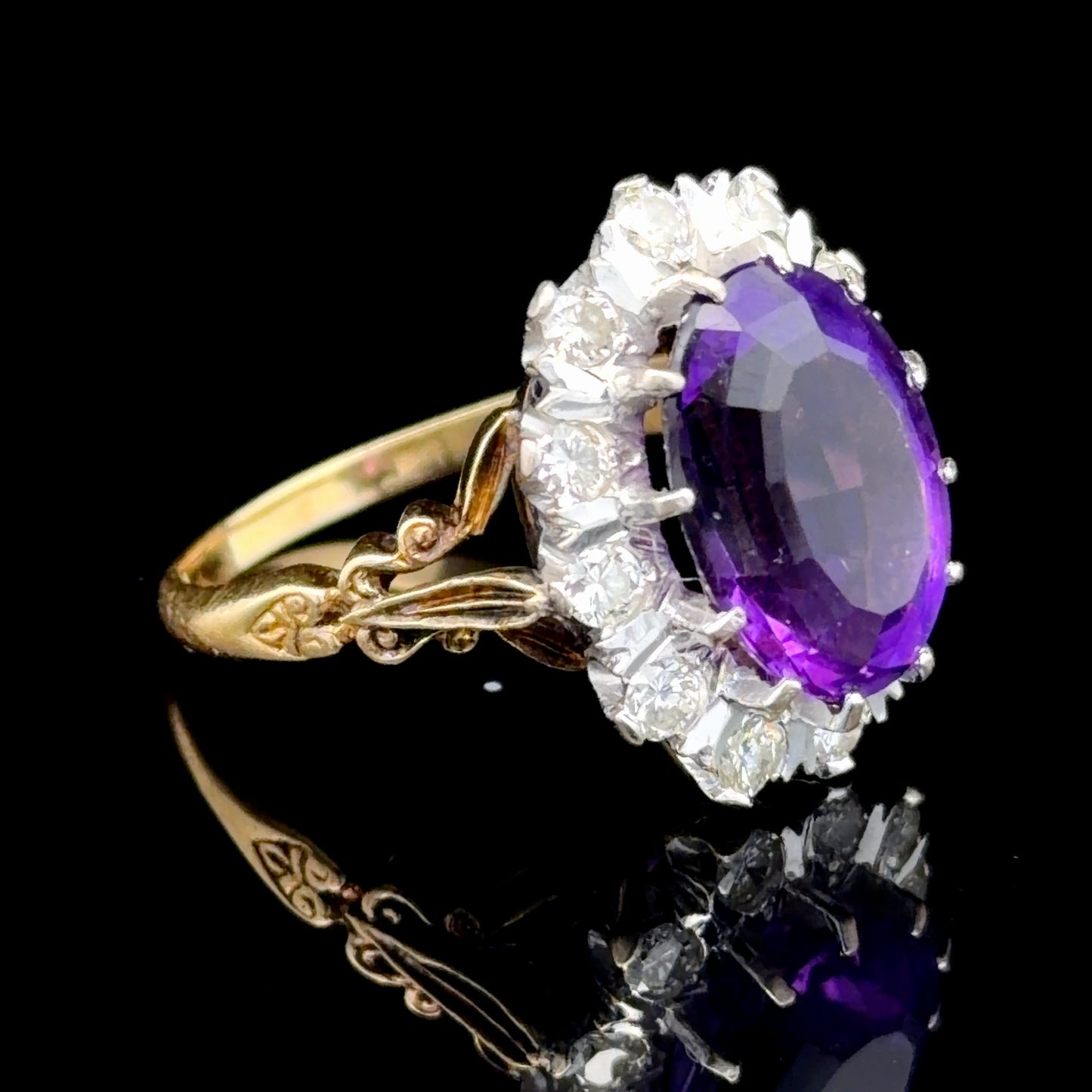 18K Yellow Gold Amethyst & Diamond Cluster Ring APPX D: 1.2 CTS A: 5.0 CTS
