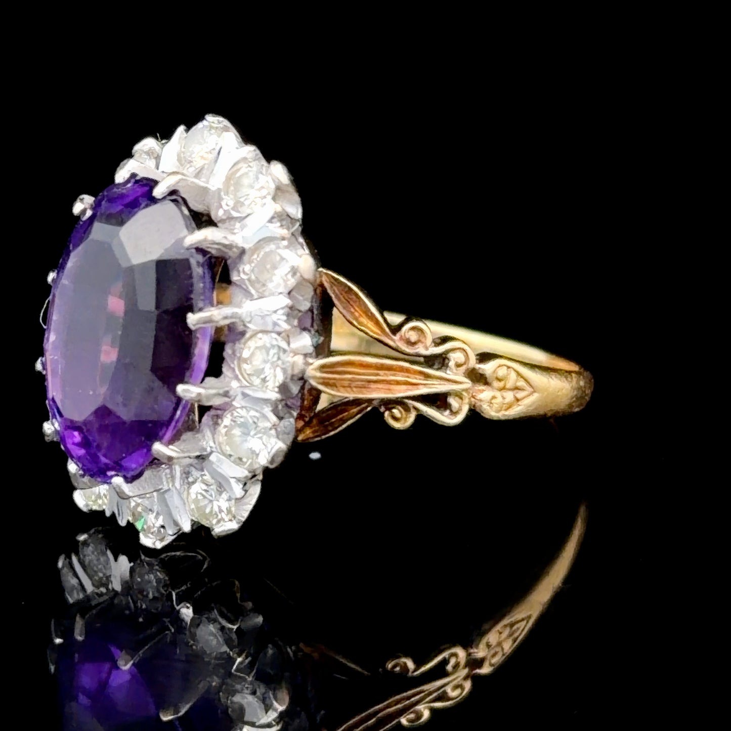 18K Yellow Gold Amethyst & Diamond Cluster Ring APPX D: 1.2 CTS A: 5.0 CTS