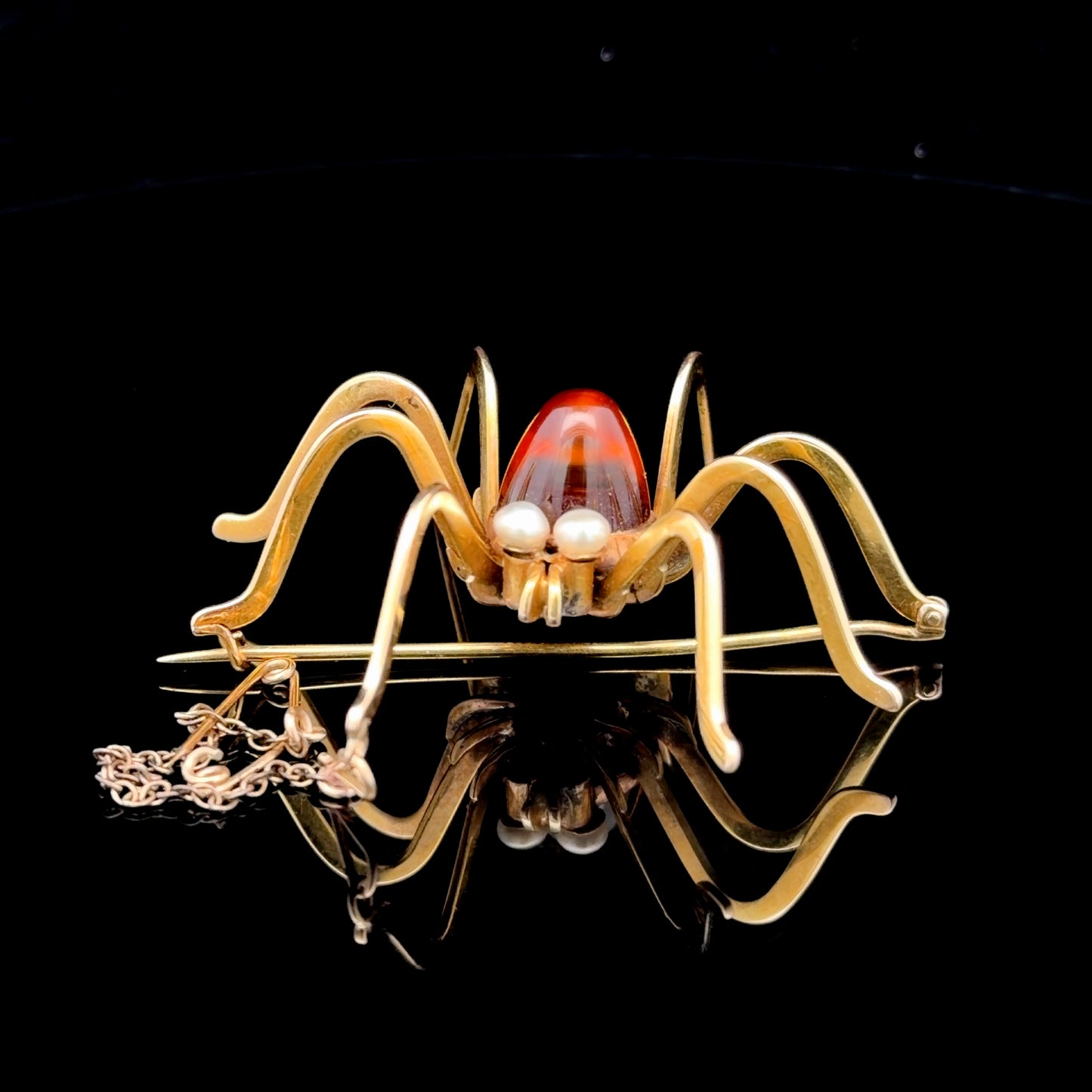 15K Yellow Gold Smokey Quartz & Pearl Large Spider Brooch
