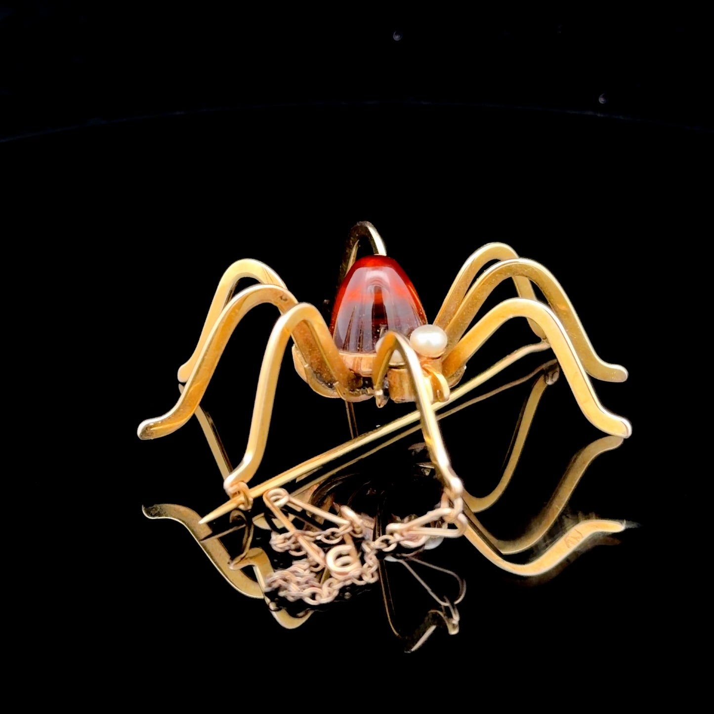 15K Yellow Gold Smokey Quartz & Pearl Large Spider Brooch
