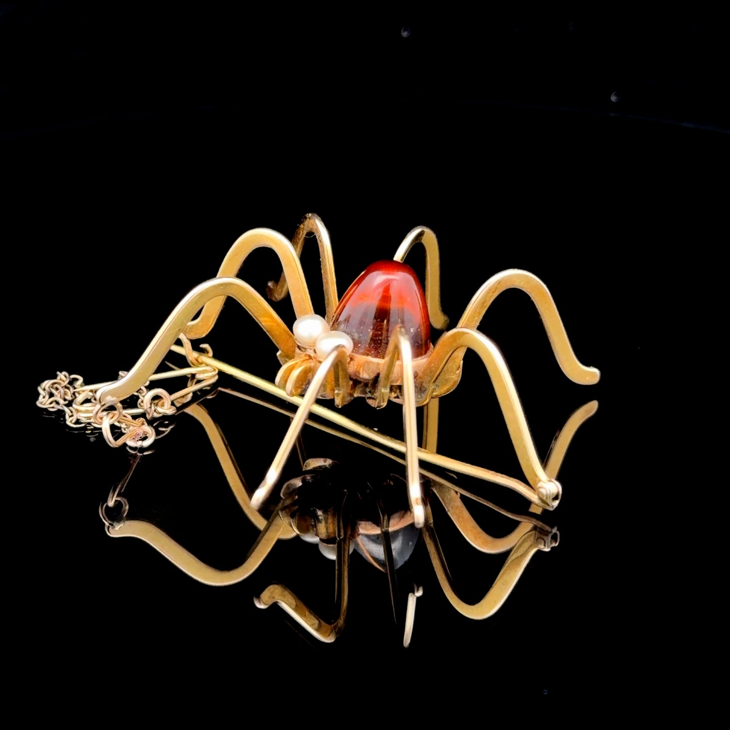 15K Yellow Gold Smokey Quartz & Pearl Large Spider Brooch