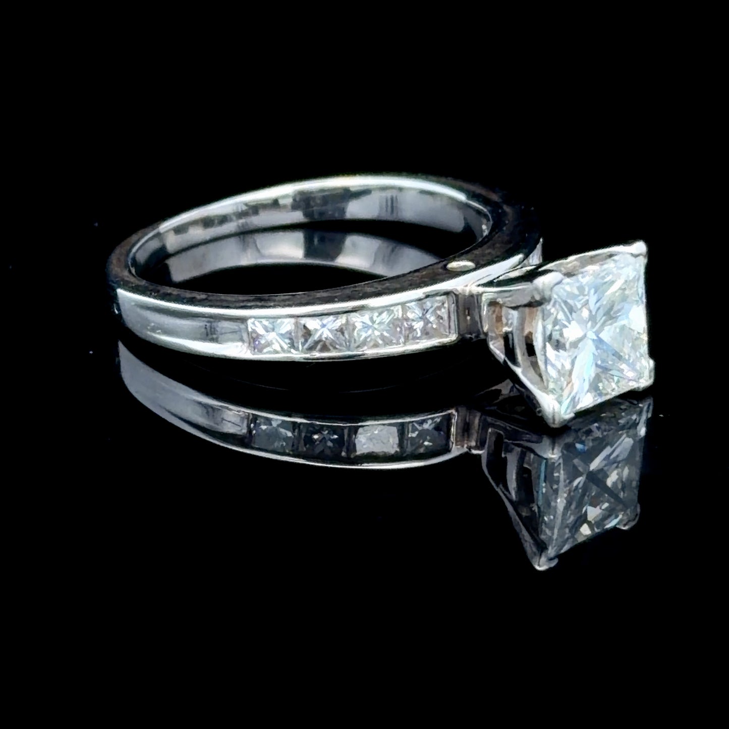 14K White Gold Princess Diamond Solitaire Ring With Diamonds To Shoulders APPX C: 1 CTS T: 1.5 CTS