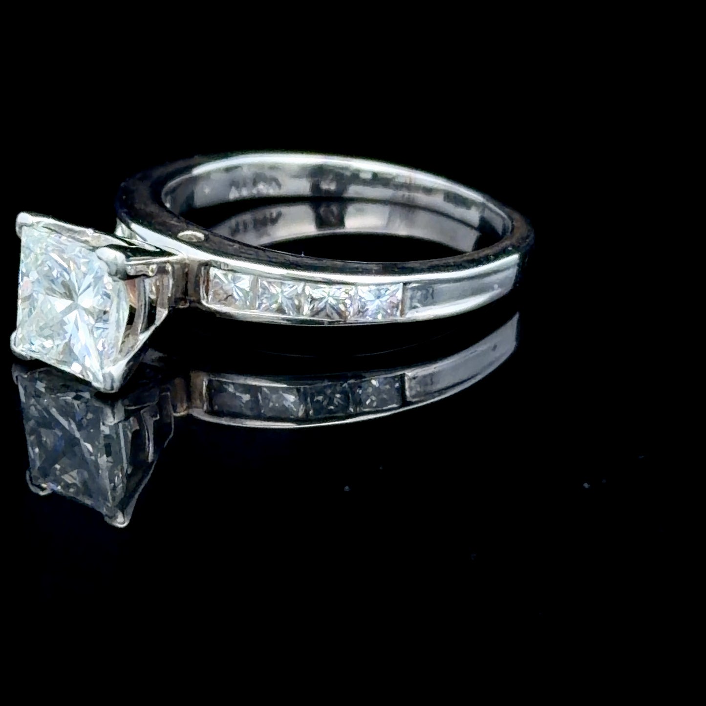 14K White Gold Princess Diamond Solitaire Ring With Diamonds To Shoulders APPX C: 1 CTS T: 1.5 CTS