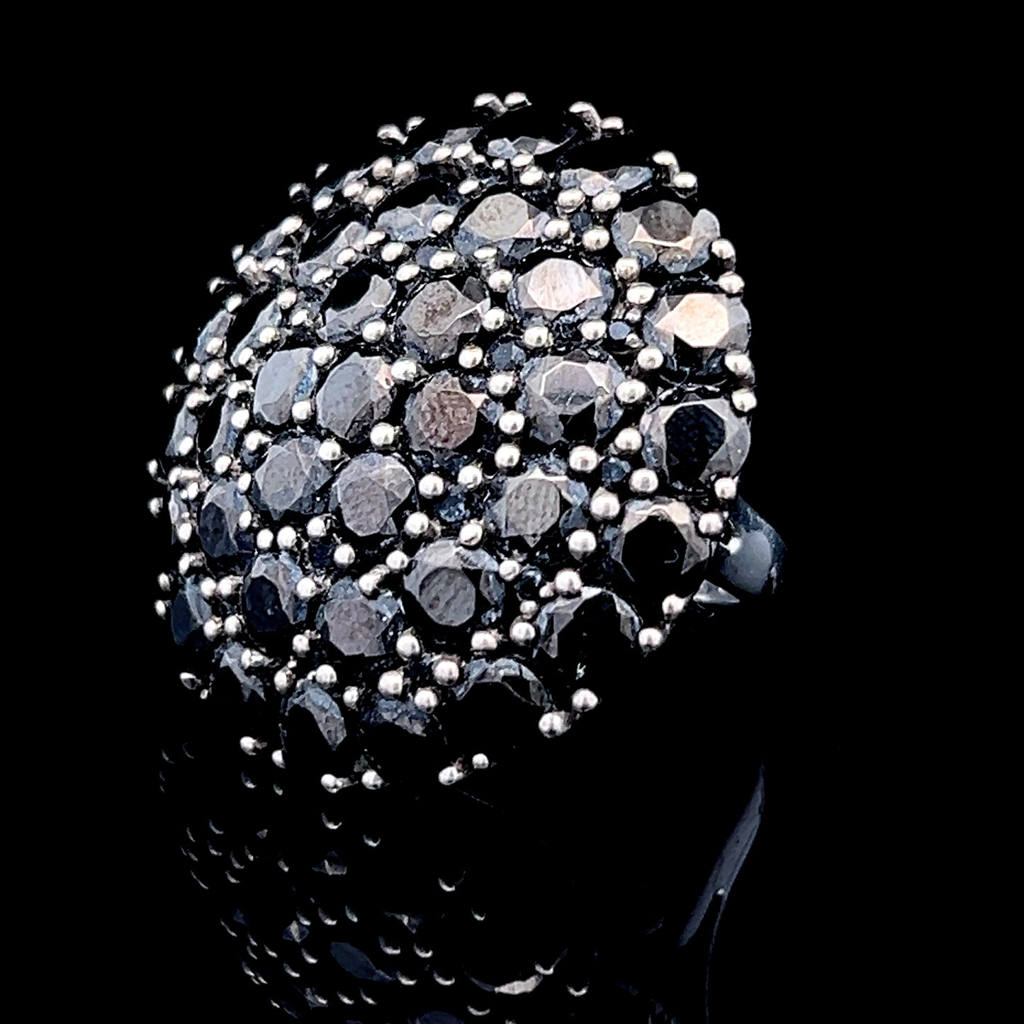 Silver Black Stone Large Cluster Ring