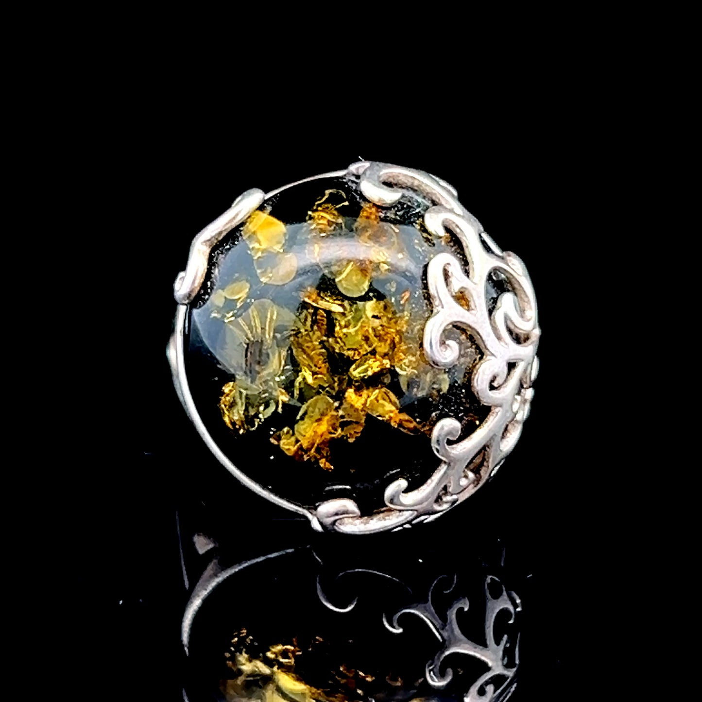 Silver Green Baltic Amber Ornate Ring