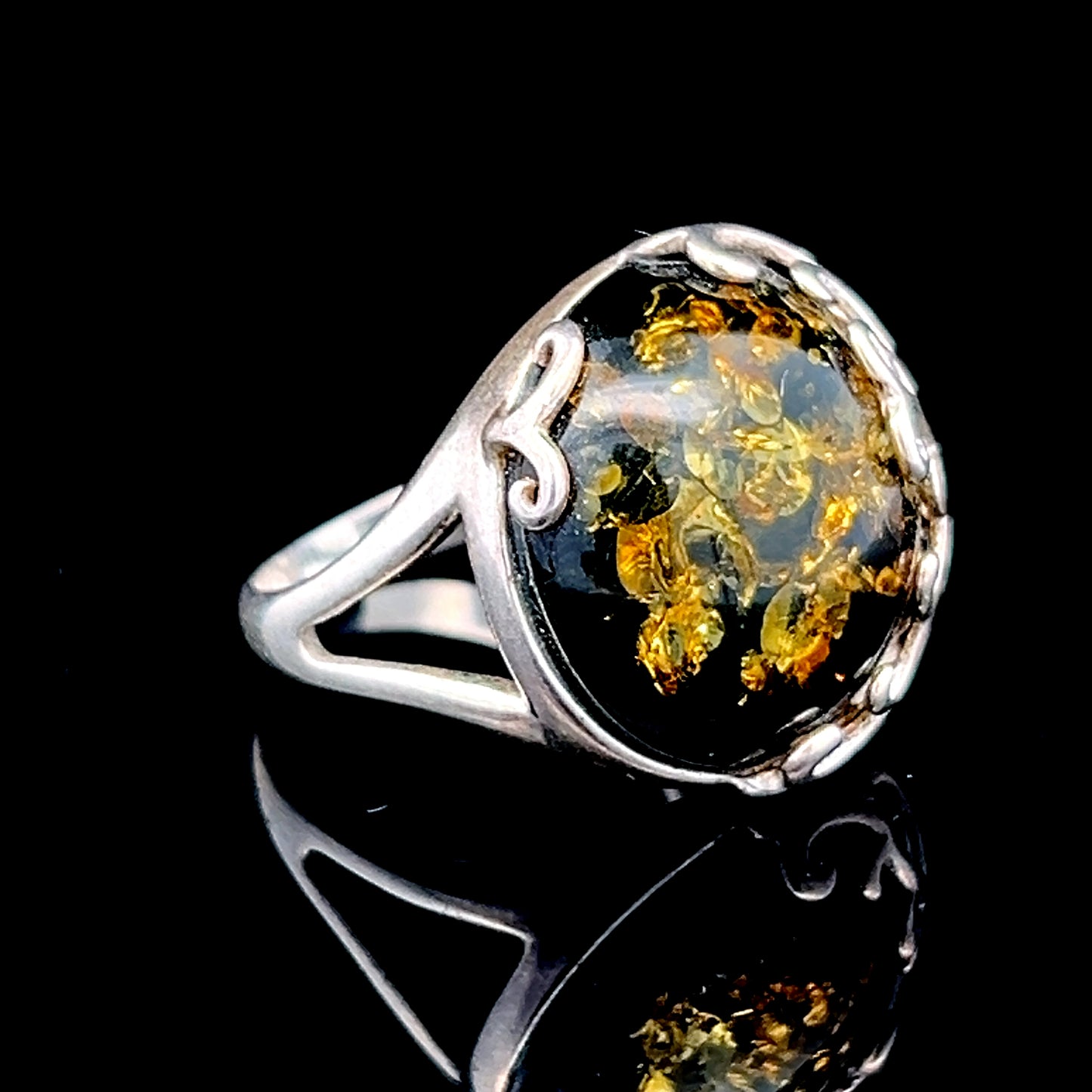 Silver Green Baltic Amber Ornate Ring