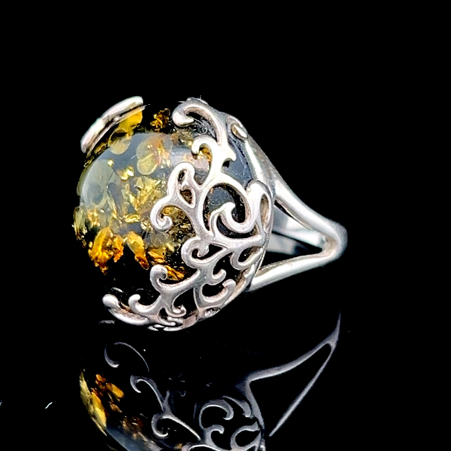Silver Green Baltic Amber Ornate Ring