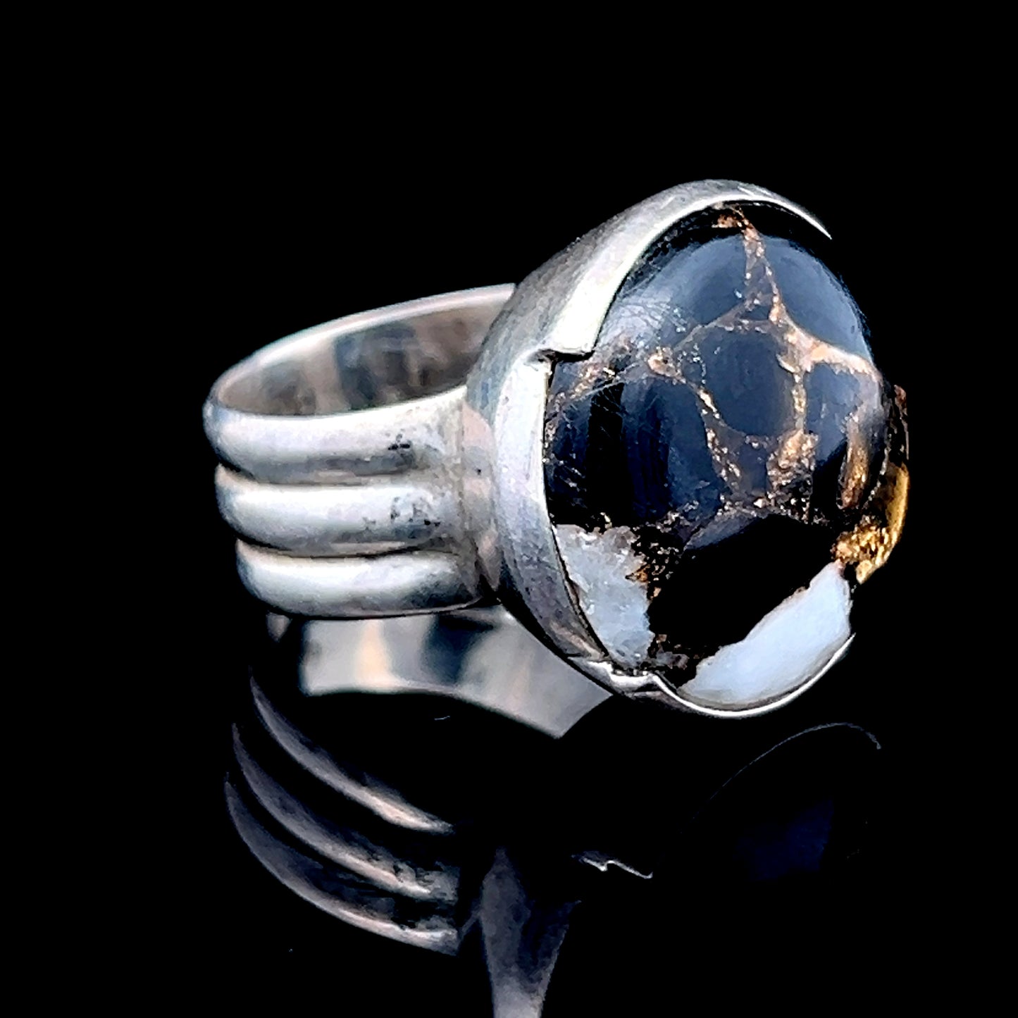 Silver Round Brown & White Stone Ring