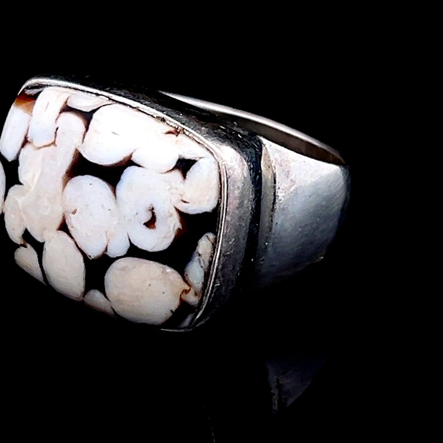 Silver White & Brown Rectangle Ring