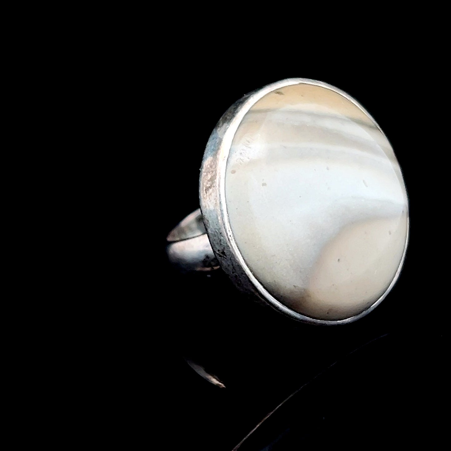 Silver Round Beige Stone Ring