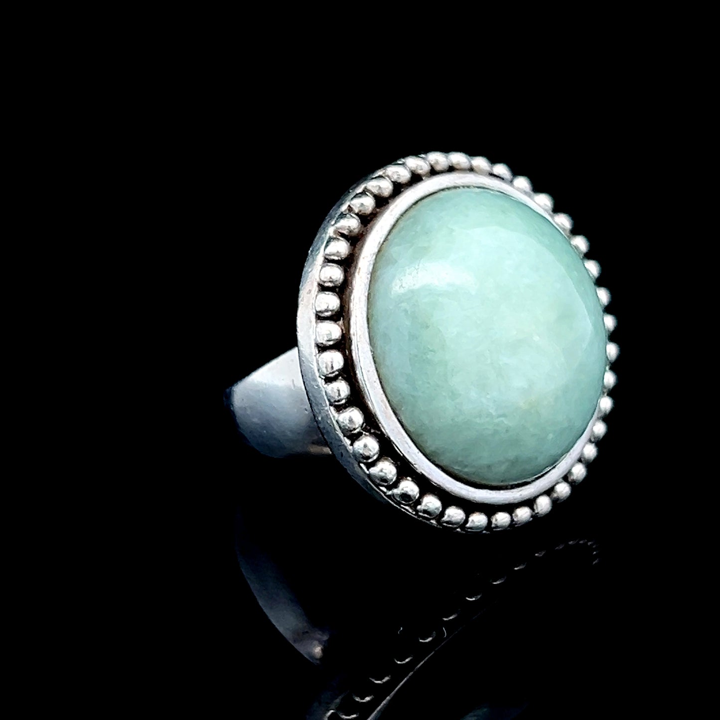 Silver Large Round Cabachon Green Stone Ring