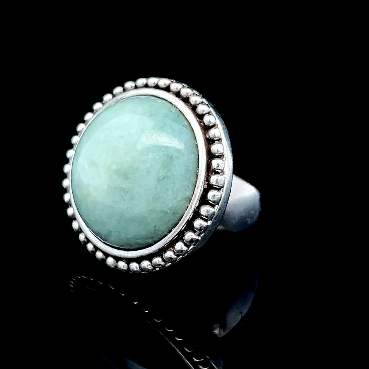 Silver Large Round Cabachon Green Stone Ring