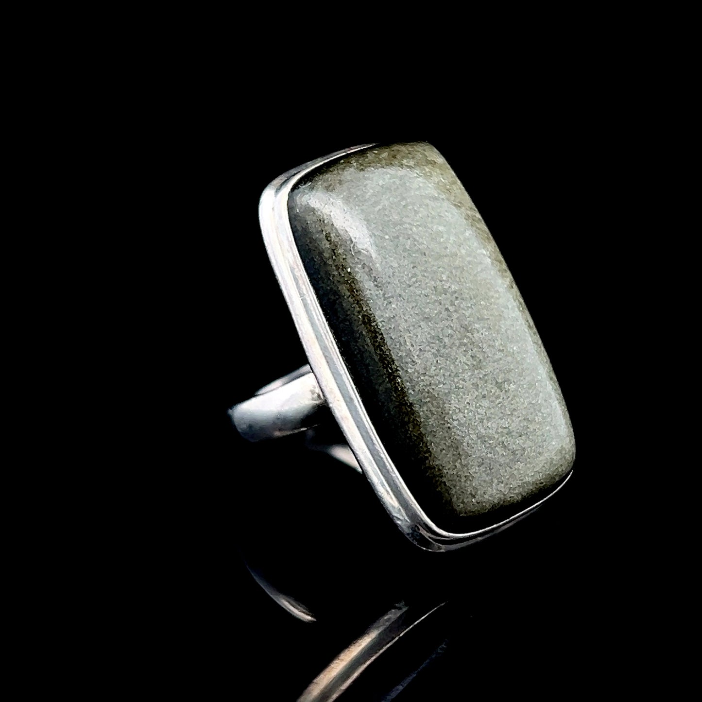 Silver Dark Green Rectangle Stone Ring