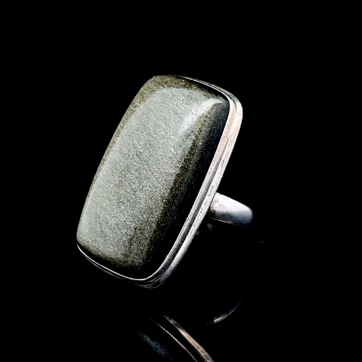 Silver Dark Green Rectangle Stone Ring