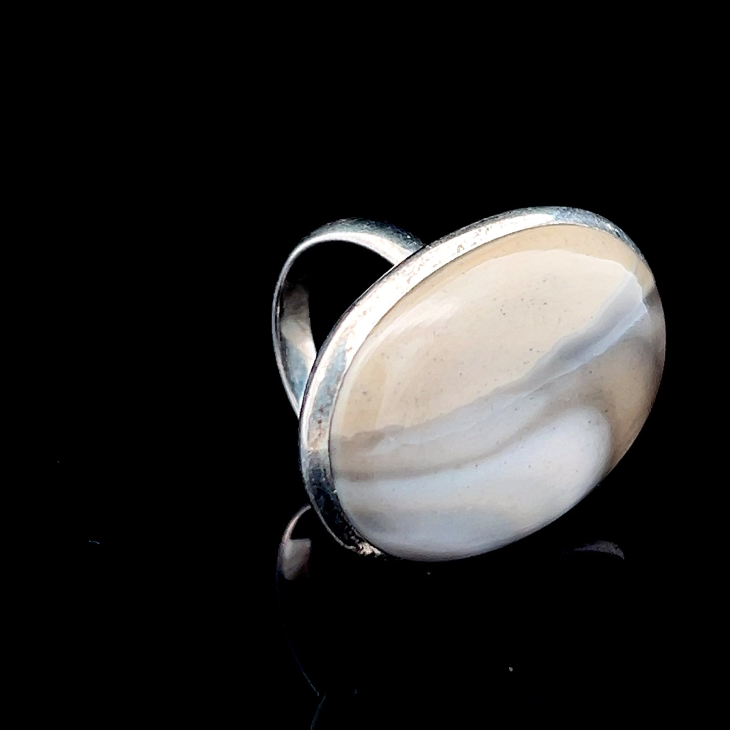 Large Silver Oval Beige Stone Ring