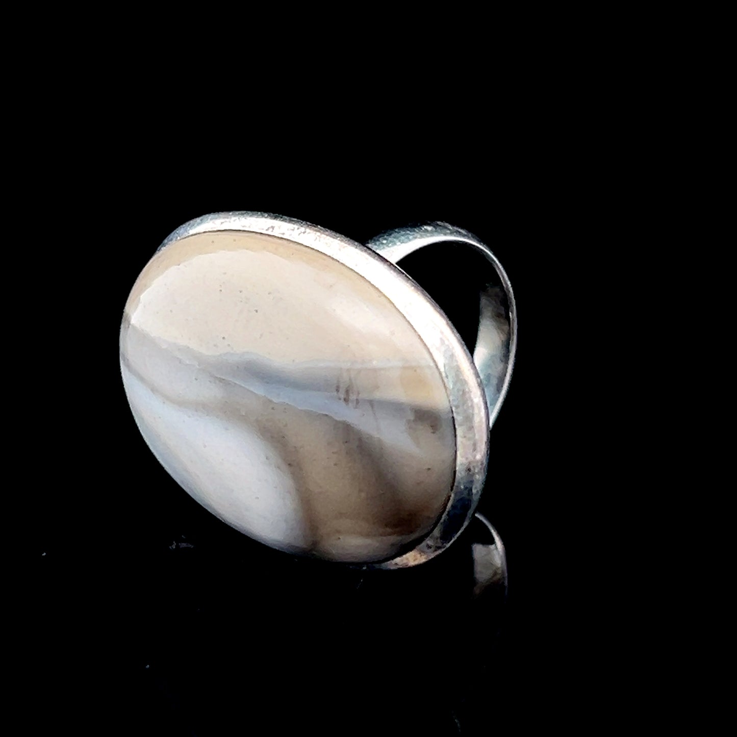 Large Silver Oval Beige Stone Ring