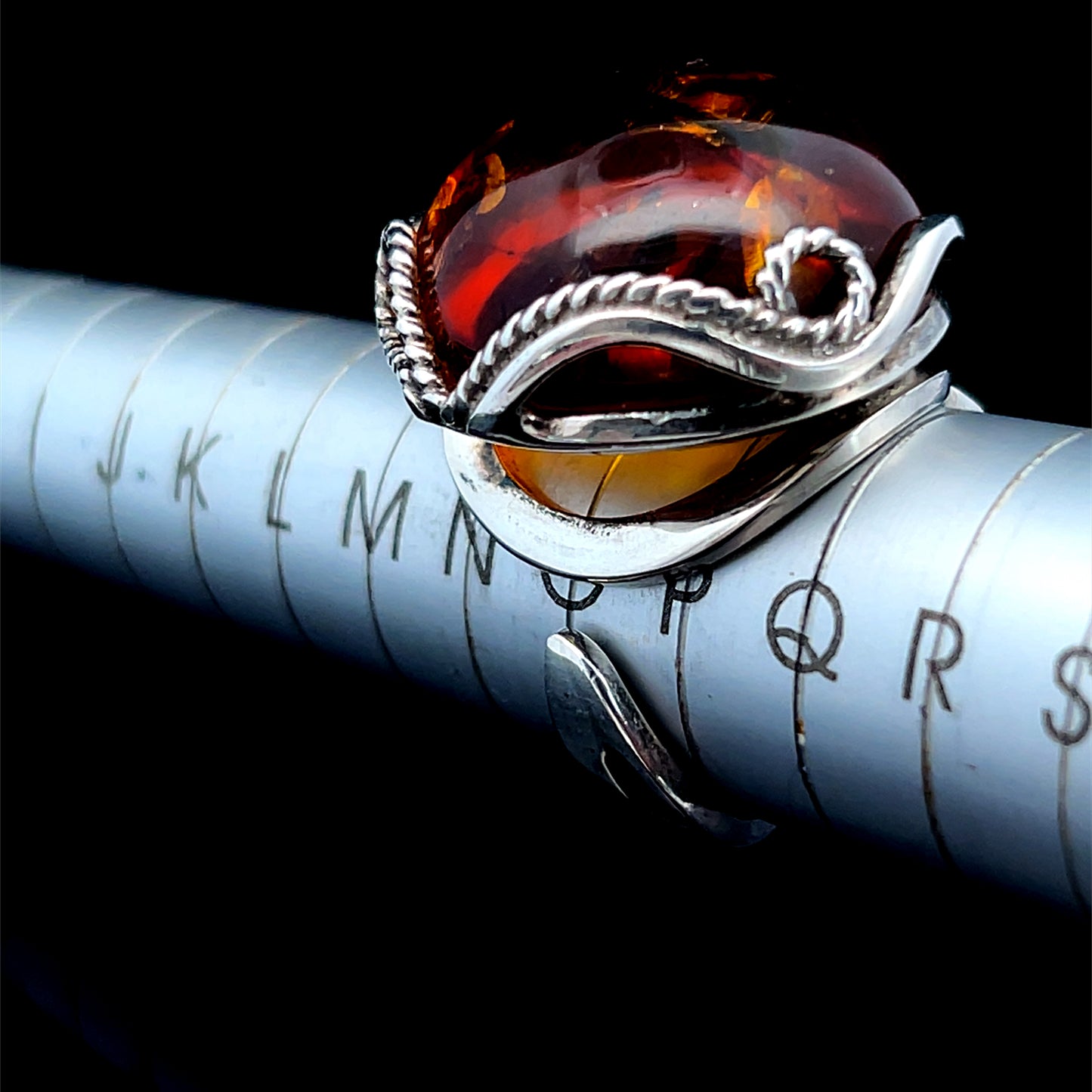 Ornate Silver Large Amber Adjustable Ring