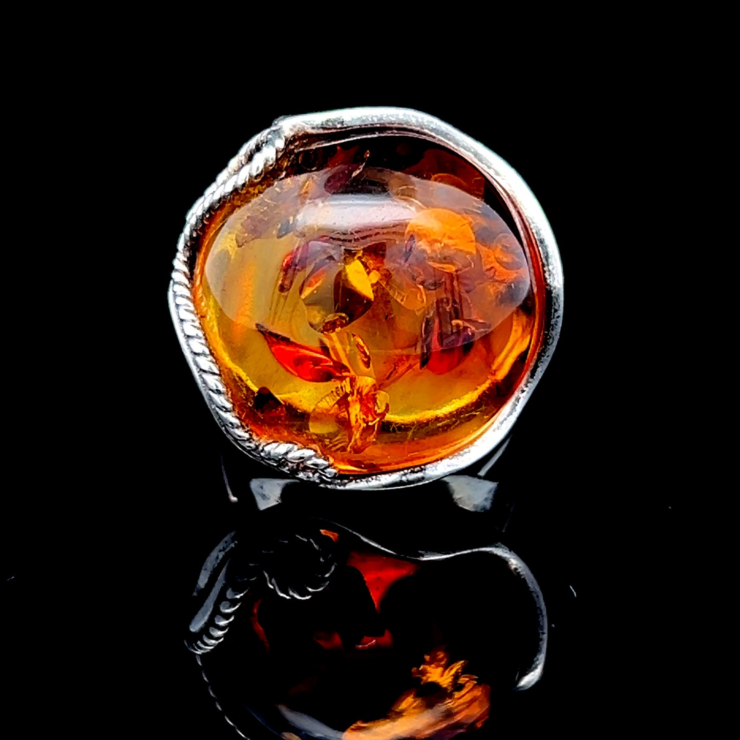 Ornate Silver Large Amber Adjustable Ring