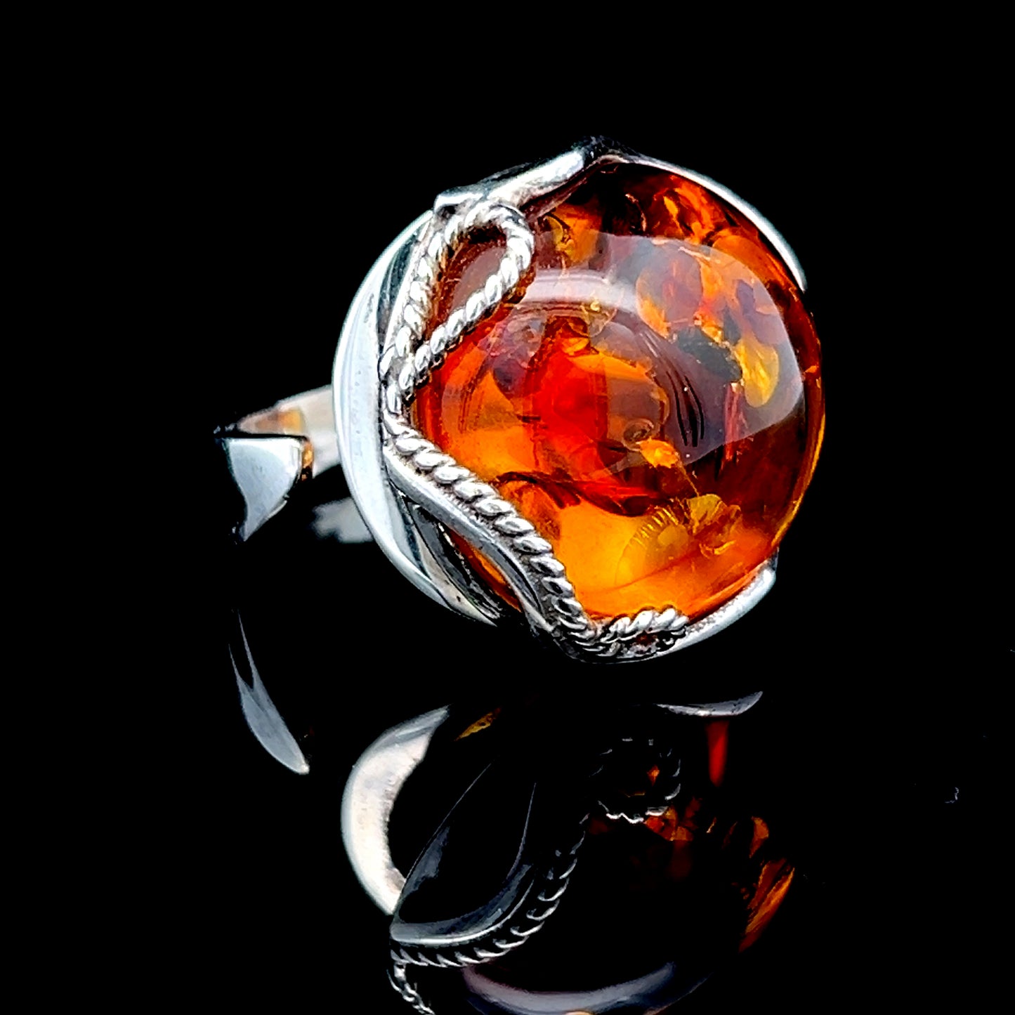 Ornate Silver Large Amber Adjustable Ring