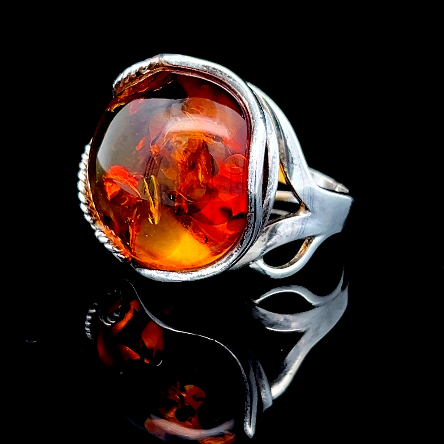 Ornate Silver Large Amber Adjustable Ring