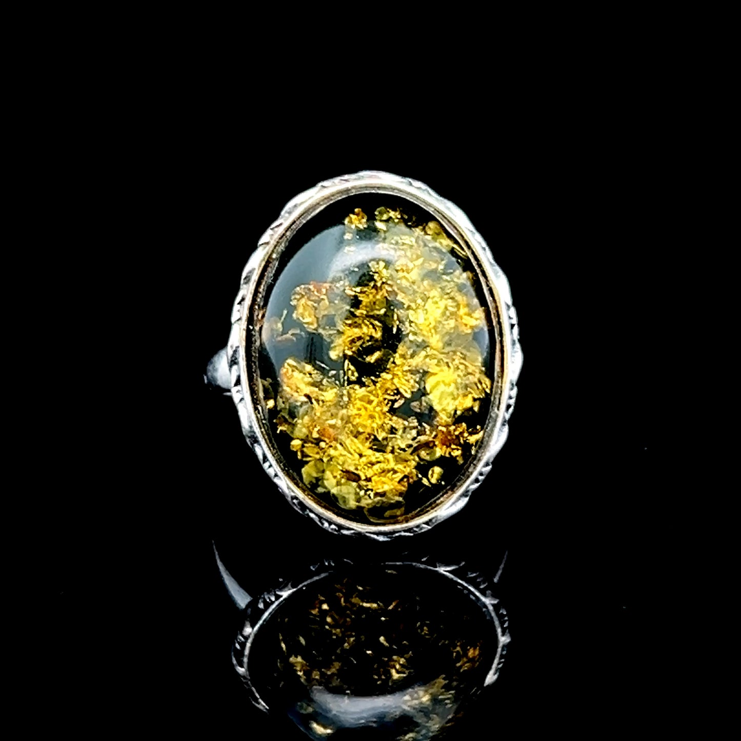 Silver Green Baltic Amber Ring