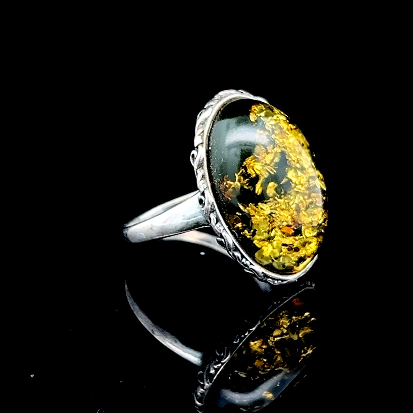 Silver Green Baltic Amber Ring
