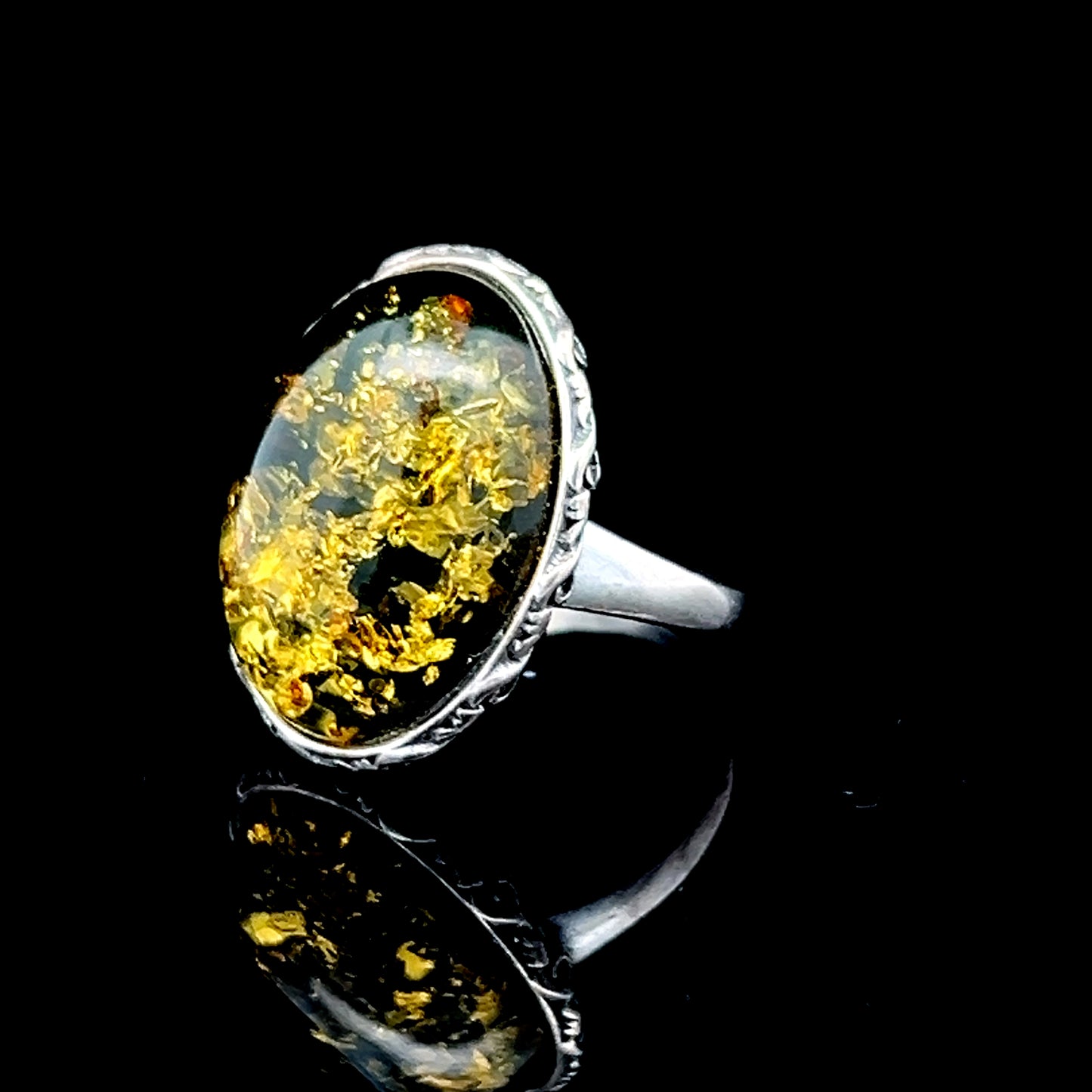 Silver Green Baltic Amber Ring