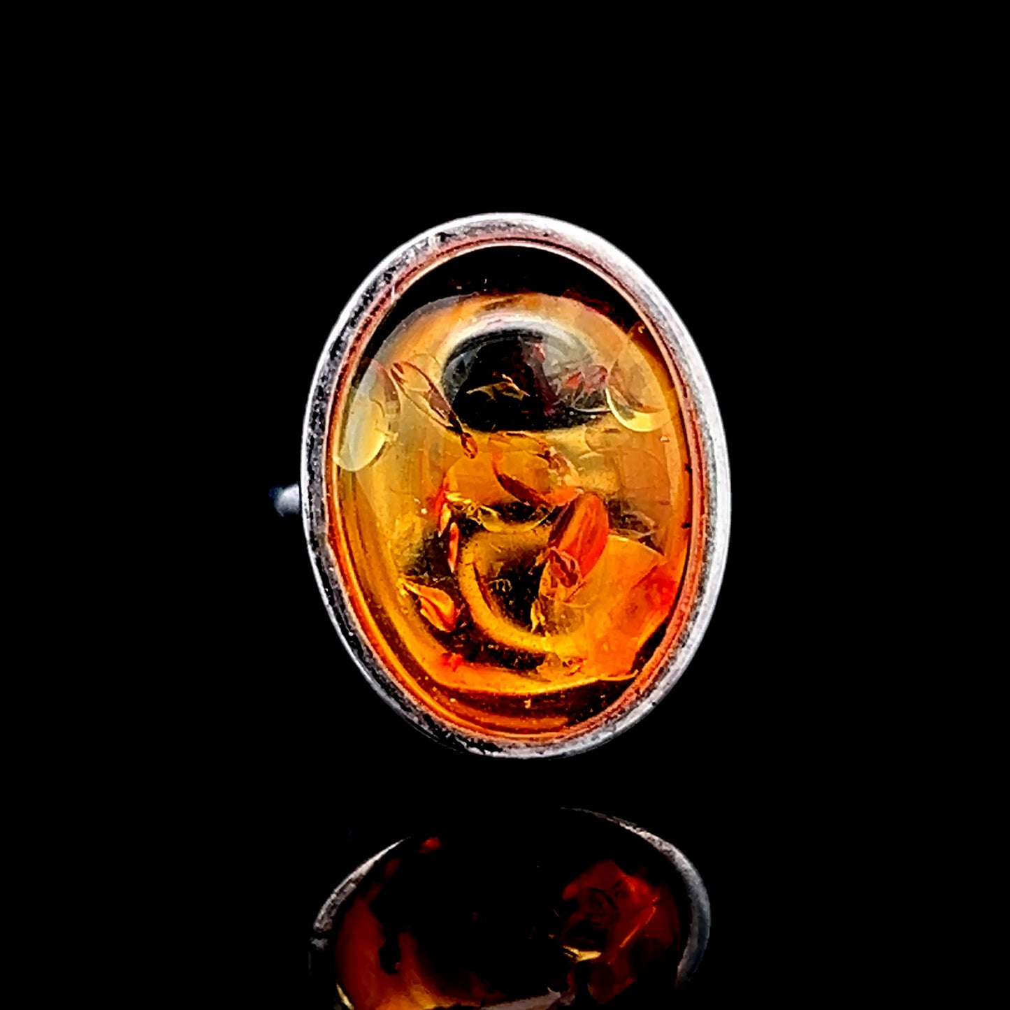 Silver Oval Amber Ring
