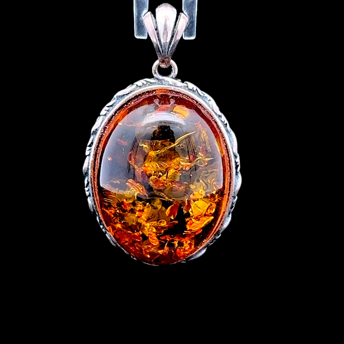 Silver Oval Amber Pendant