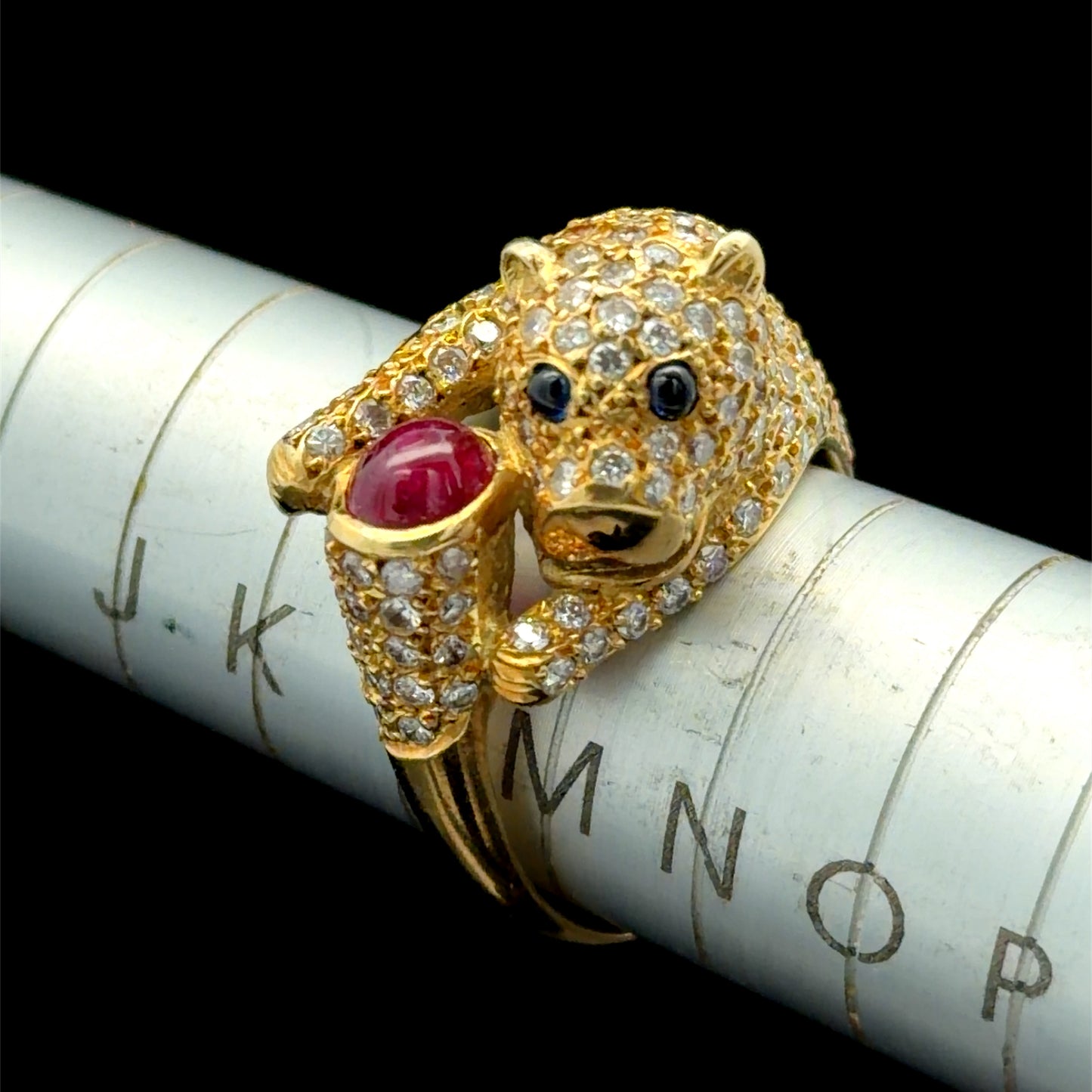 18K Yellow Gold Diamond Ruby & Sapphire Panther Ring APPX 1.2 CTS