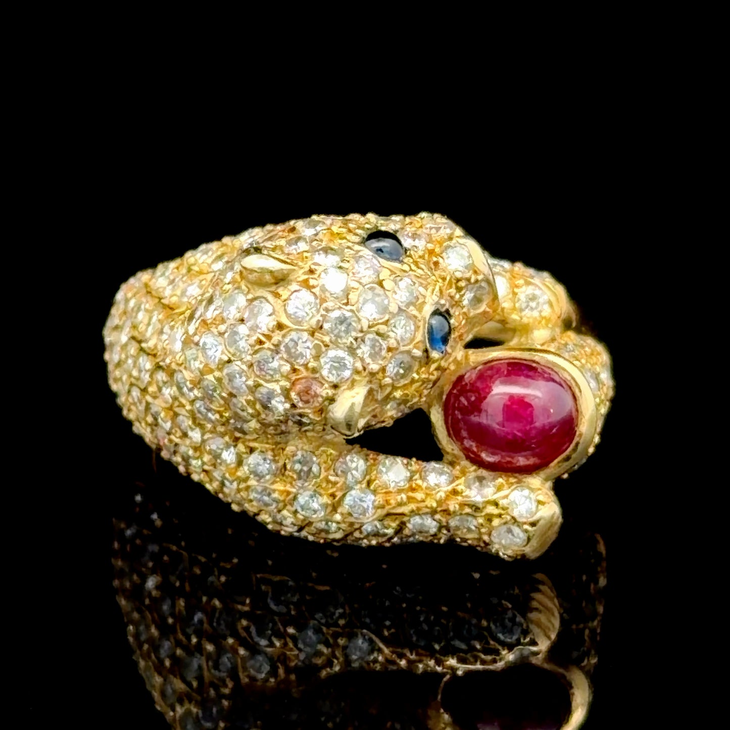 18K Yellow Gold Diamond Ruby & Sapphire Panther Ring APPX 1.2 CTS