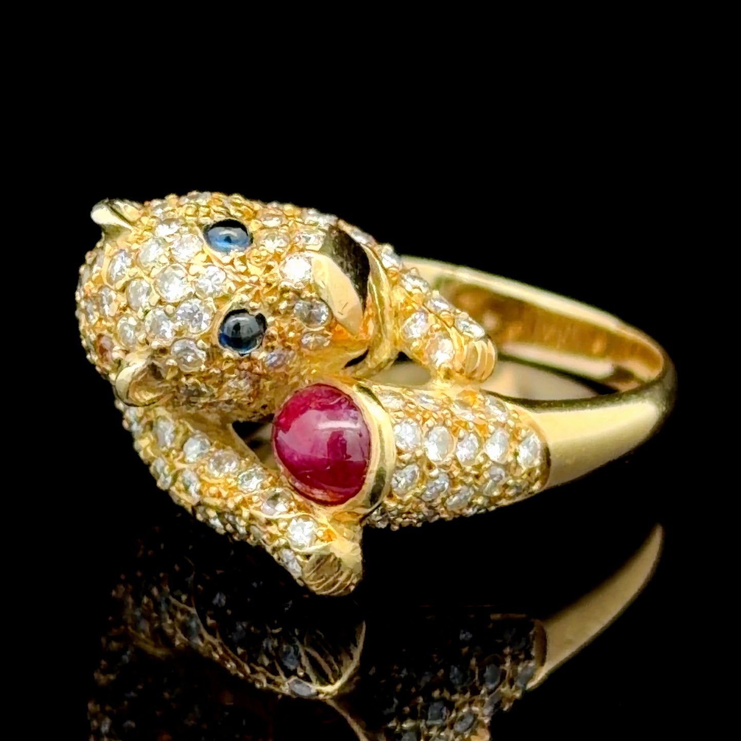 18K Yellow Gold Diamond Ruby & Sapphire Panther Ring APPX 1.2 CTS