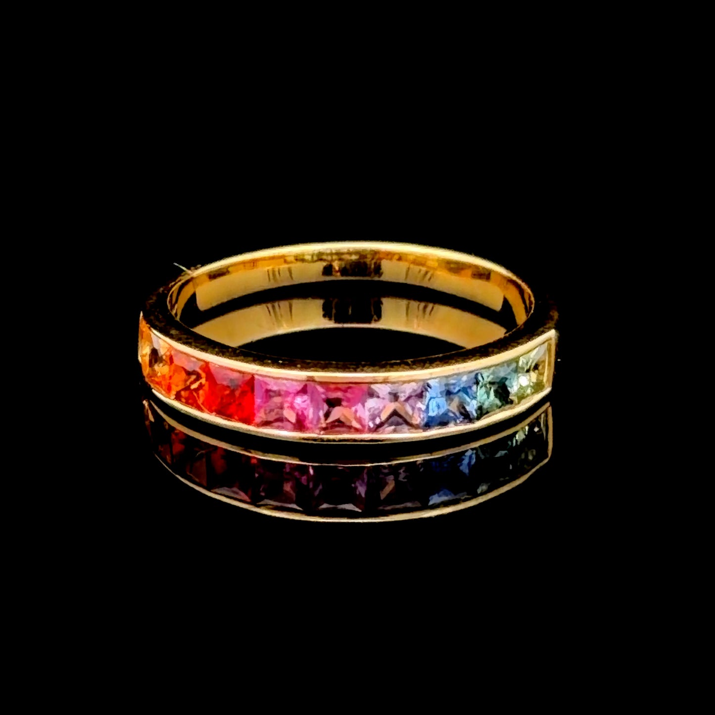 14K Yellow Gold Channel Set Rainbow Sapphire Ring