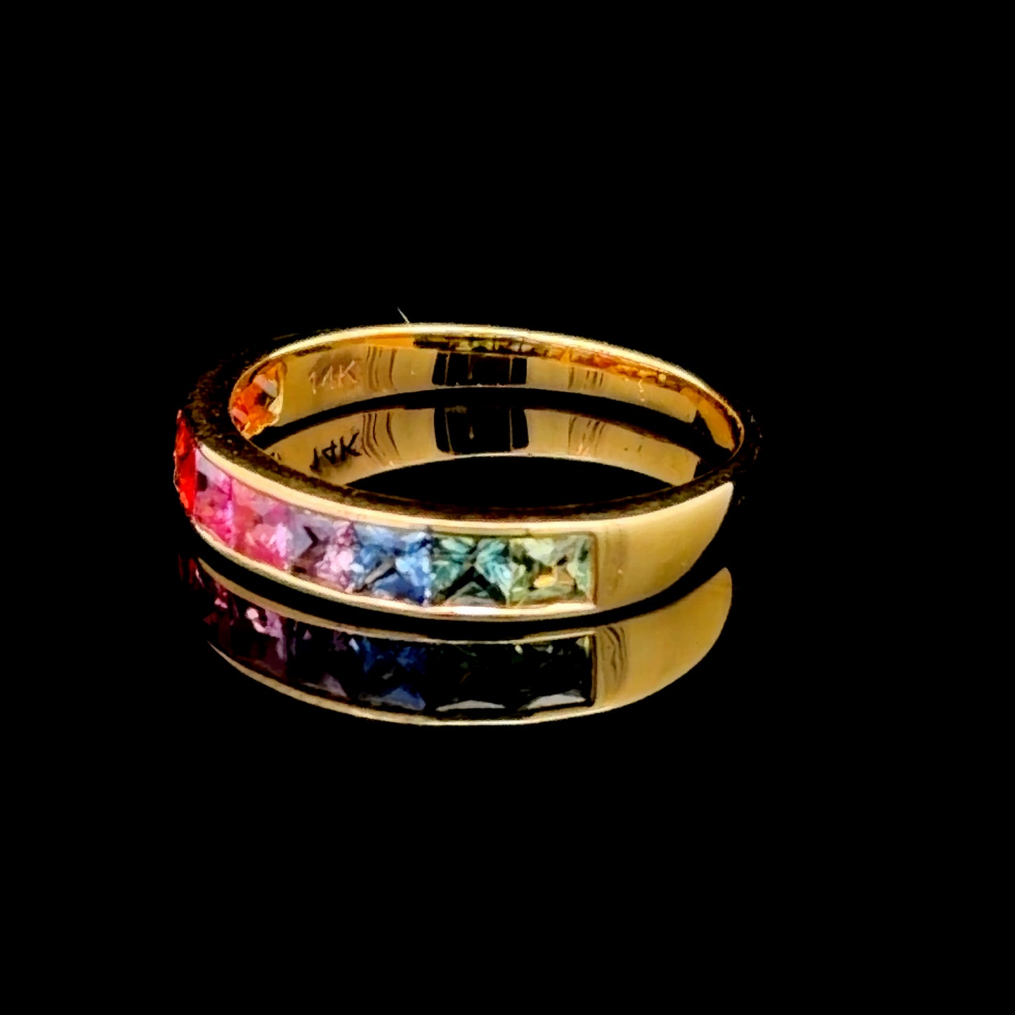 14K Yellow Gold Channel Set Rainbow Sapphire Ring