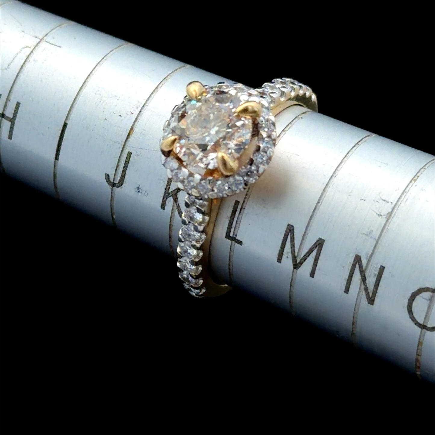 18K Yellow Gold Diamond Halo Ring With Champagne Centre and Diamonds To Shoulders APPX Centre: 1.0 CTS