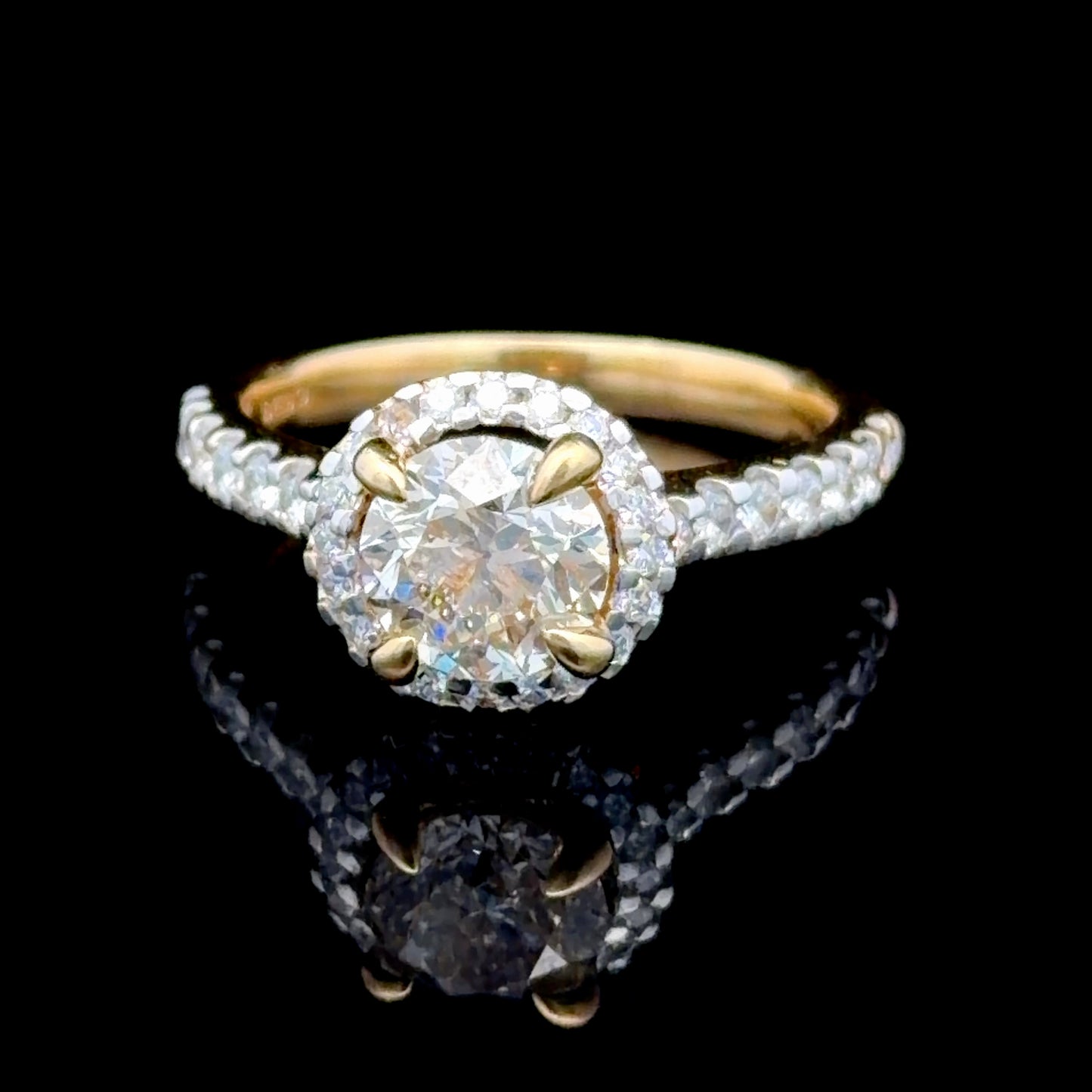 18K Yellow Gold Diamond Halo Ring With Champagne Centre and Diamonds To Shoulders APPX Centre: 1.0 CTS
